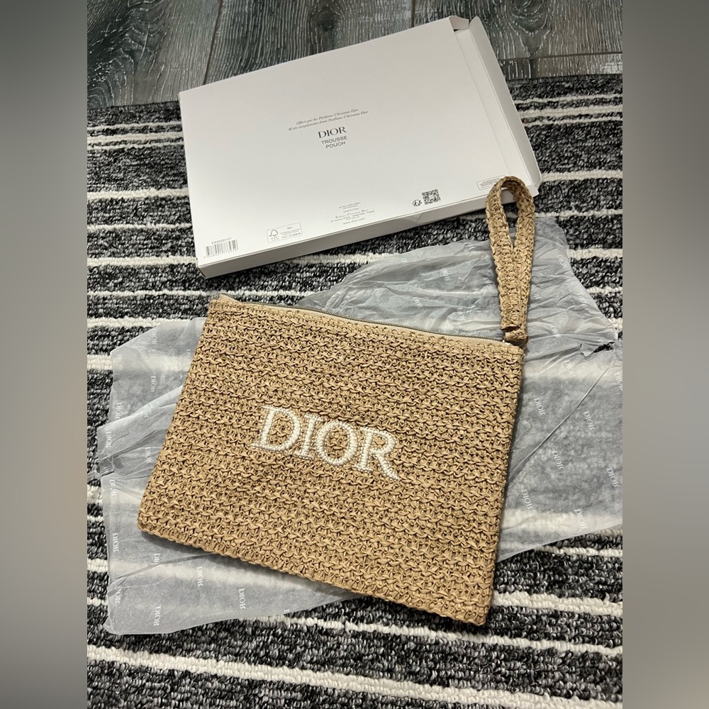 Dior Beige Rafia Woven Wristlet/ Clutch